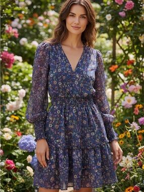 Aqua XS Long Sleeve V-Neck Floral Ruffle Dress